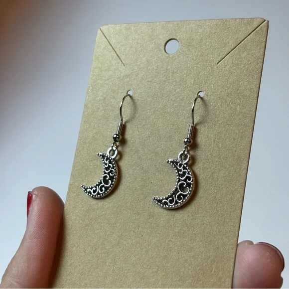 Handmade Simple Silver Moons with Swirls Dangle Earrings, Celestial Moon Earring - Picture 3 of 9